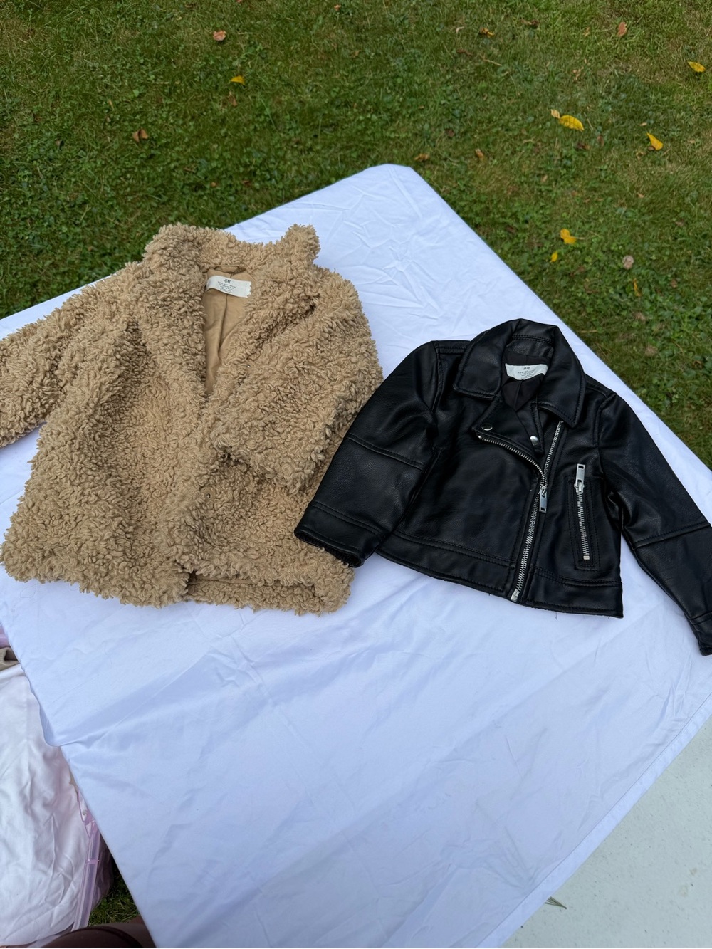 H&M girls Tan Teddy Coat & Black Faux Leather Moto Jacket bundle 2T